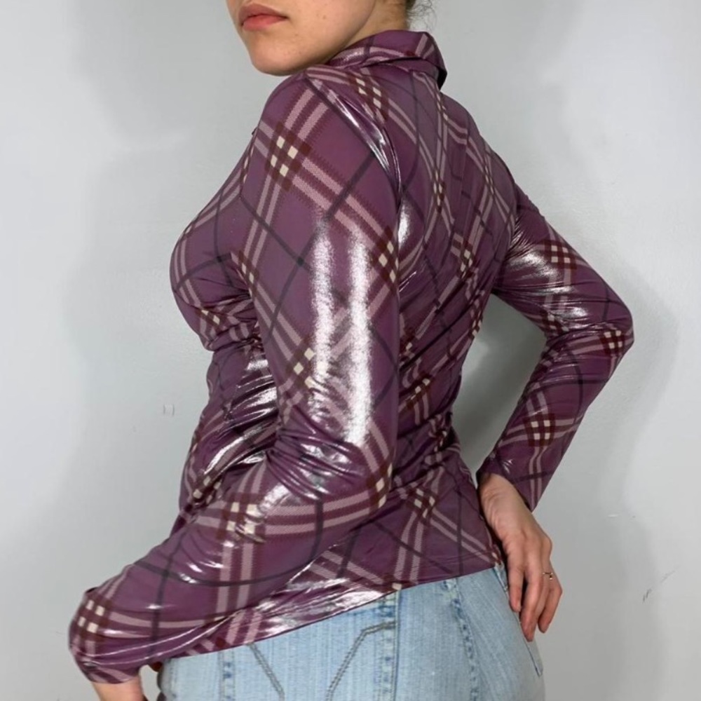 VINTAGE ELECTRIC PURPLE FLANNEL BUTTONED DOWN METALLIC LONG SLEEVE BLOUSE